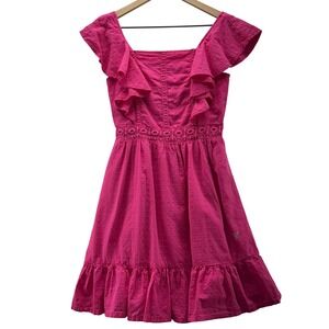 Guess Los Angeles Dress Ruffle Trimmed Cotton Pink‎ Size 14 Rhinestone Detail